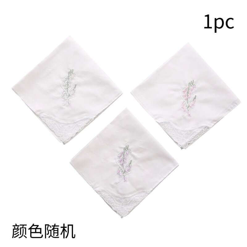 652F 28cm Cotton Soft Embroidered Square Towel Vintage Floral Style Lace Edging Handkerchief Flower Hanky for Women Girls