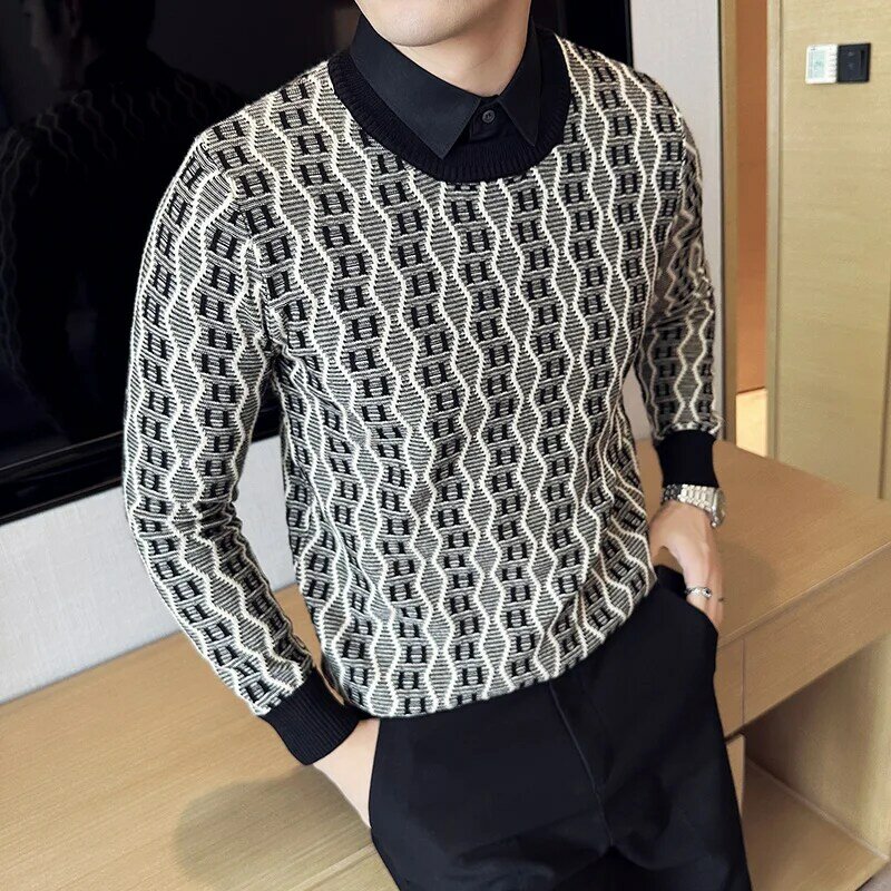 Свитер мужской с воротником-рубашкой, модный вязаный жаккардовый пуловер с имитацией волнистых полосок, верхняя одежда, осень-зима