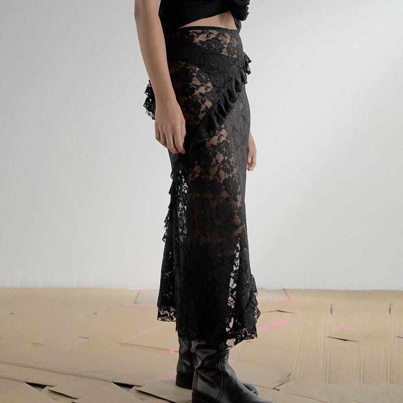 Letnia moda seksowna w jednolitym kolorze z wysokim stanem falbany patchworkowy przez pół spódnice damskie z koronkową koronką seksowną perspektywiczną spódnicą
