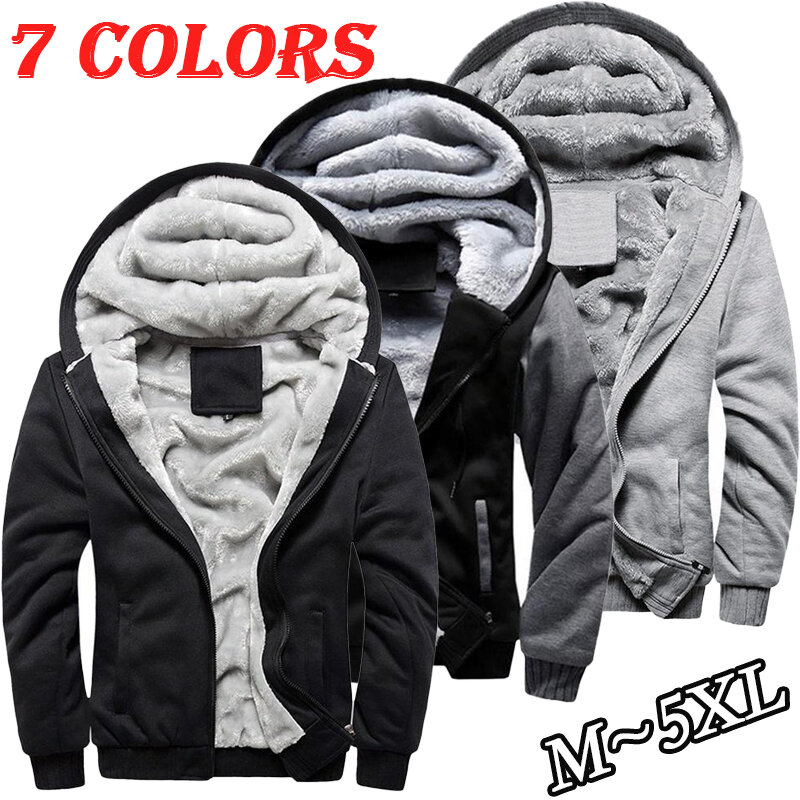 Jaket Hoodie wol tebal pria, mantel olahraga ritsleting kontras warna polos, jaket hangat mode musim dingin