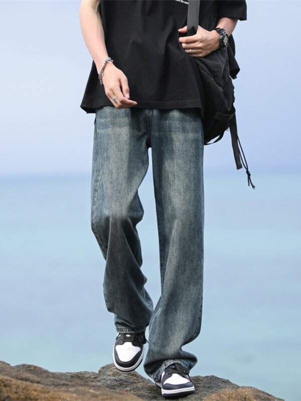 Calça jeans reta solta masculina, com elástico na cintura, calça elástica, casual cargo, moda coreana, verão, B150