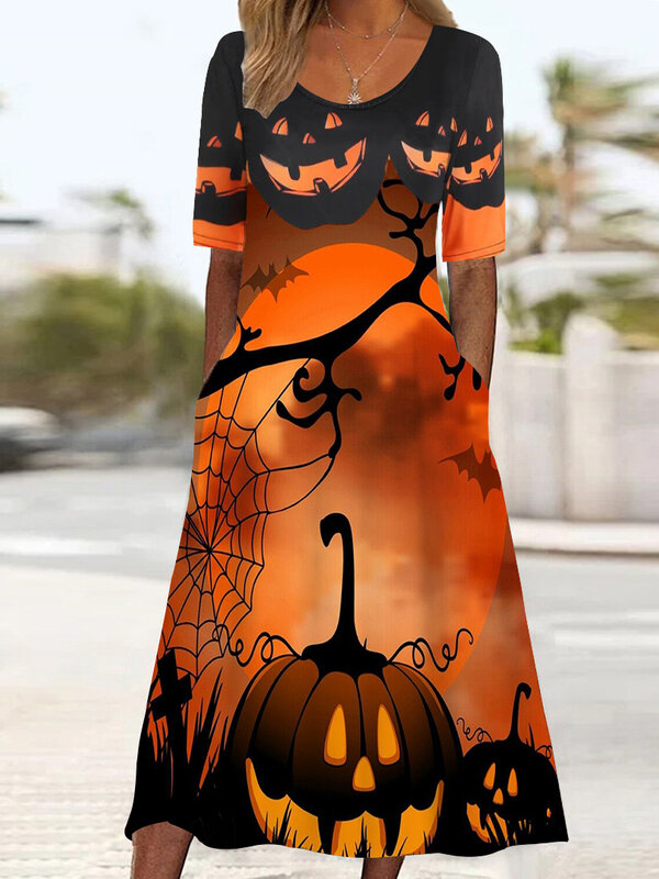Plus Size Women's Half Sleeve Scoop Neck Graphic Halloween Pockets Midi Dress
