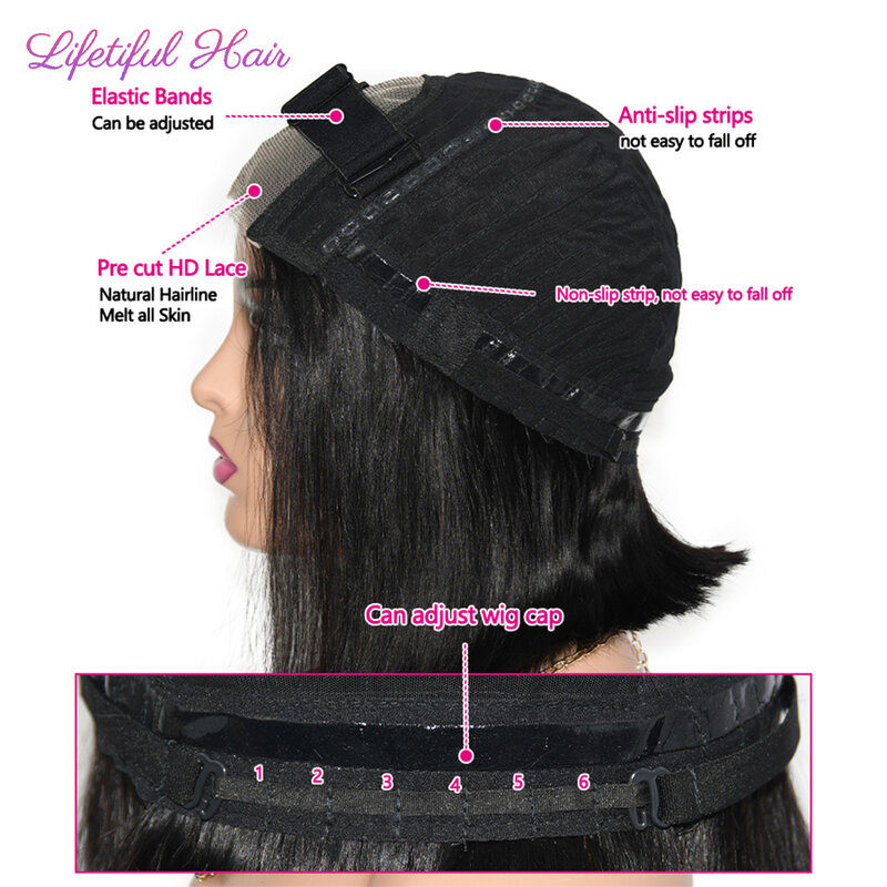 Peruca de cabelo humano Glueless Bob para mulheres, reta, transparente, 4x4, fecho de renda, pronta para vestir