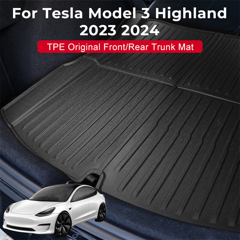 테슬라 모델 3 + TPE 피아노 키 스타일용 트렁크 매트, 새 모델 3 하이랜드 2023 2024, 전면 후면 트렁크 보관 보호 패드