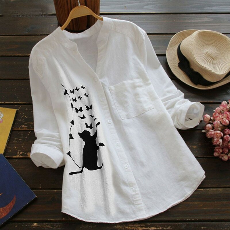 Kemeja wanita baru musim panas blus Linen katun gambar kucing kemeja lengan panjang kasual leher-v baju atasan kancing bawah