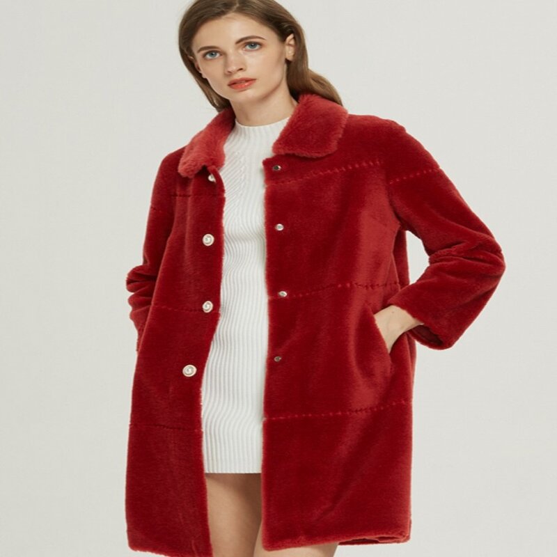 Neue Winter Frauen Revers Kragen einreihig lange echte Wolle Jacke elegante Damen Schaf Pelz Mantel dicken warmen Mantel Größe S-8XL