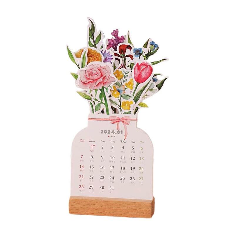 Calendrier de bureau anglais à fleurs 2024, calendrier mensuel, année, papier, rabat debout, nouveau, U3Q3