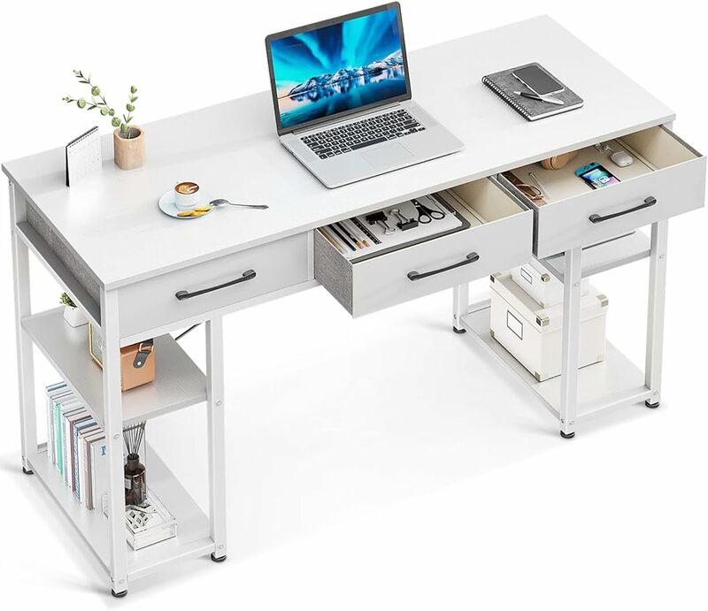 ODK Office Small Computer Desk: Home Table with Fabric Drawers & Storage Shelves, Modern Writing Desk, White, 48"x16"