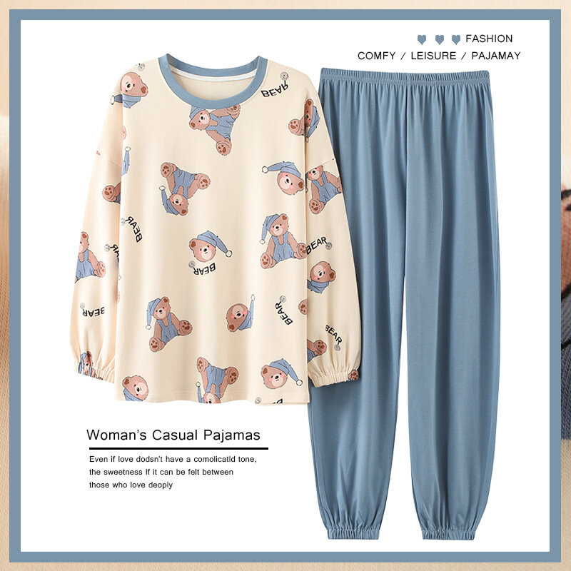 Set Pakaian Tidur Wanita Musim Semi Set Piyama Wanita Lengan Panjang Katun Longgar Set Pakaian Tidur Ibu Dewasa Pakaian Rumah Lembut Baru