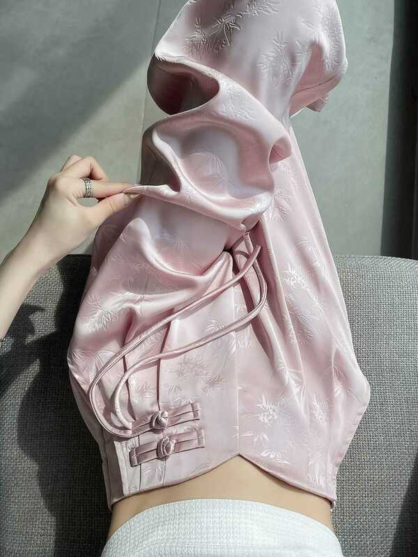 Rosa nuovi pantaloni da abito Jacquard in raso cinese per donna primavera/estate 2024 nuovi pantaloni larghi a gamba larga con bottoni dritti a vita alta