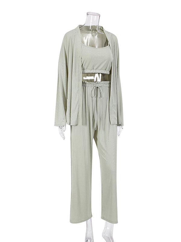 Hiloc-Conjunto de ropa de dormir para mujer, conjunto de 3 piezas con mangas caídas acanaladas, pantalones de Bud Wasit, holgado
