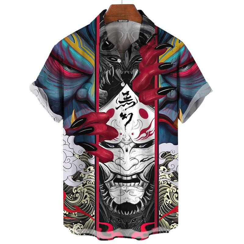 일본 사무라이 셔츠 3D 일본 스타일 프린트 반팔 상의 티, 캐주얼 레트로 남성 셔츠, 오버사이즈 빈티지 남성 의류