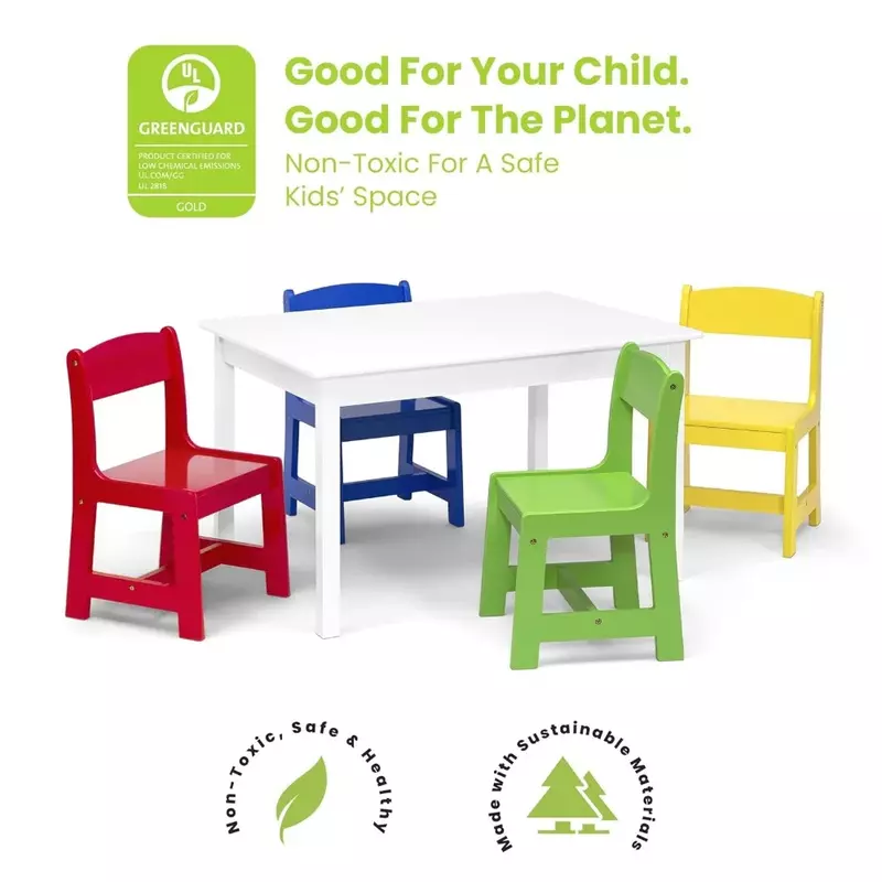 Children's table with 4 chairs GREENGUARD Gold certified, solid color Bianca White/Primary