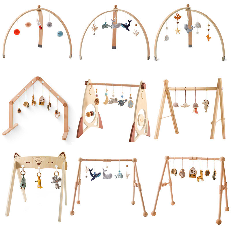 1set Baby Wooden Play Gym Mobile Hanging Sensory Toys Rocket Rattle Activity Toys Foldable Play Gym Frame Room Decorations Toy