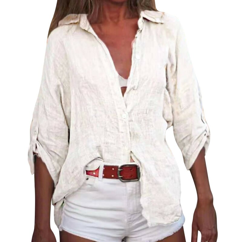 Blusa de lino y algodón para mujer, Rebeca de manga corta con botones de Color liso, Tops de oficina, ropa de calle Vintage, ropa de verano