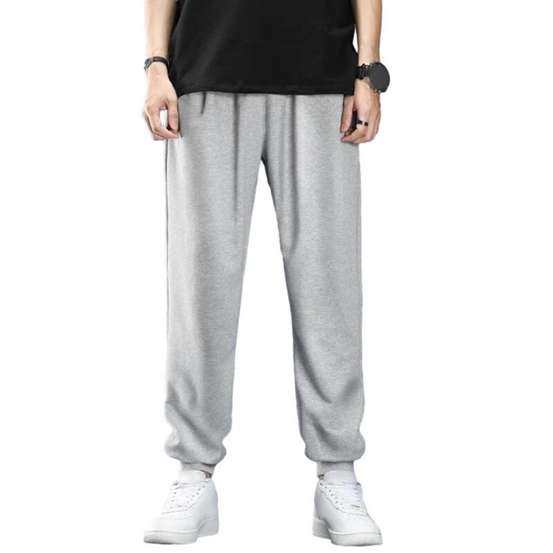 Solid Color Sweatpants Warm Plush Men's Sweatpants Cozy Ankle Length Trousers with Elastic Waist Pockets for Fall/winter Men