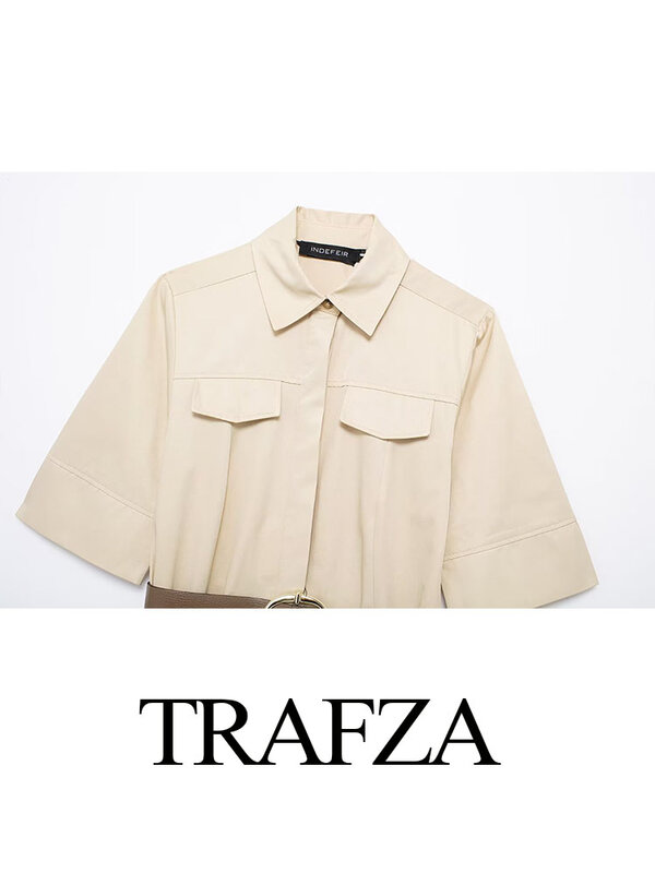 TRAFZA-Vestido camisero informal de manga corta para mujer, prenda elegante con solapa y cinturón, de un solo pecho, Color liso