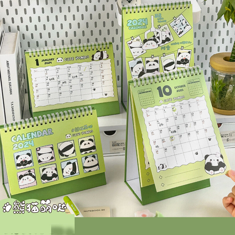 Mini Calendario de escritorio de mesa, decoración de escritorio, lindo gato Panda, pequeño/grande, espiral Kawaii, Plan de oficina, 2024