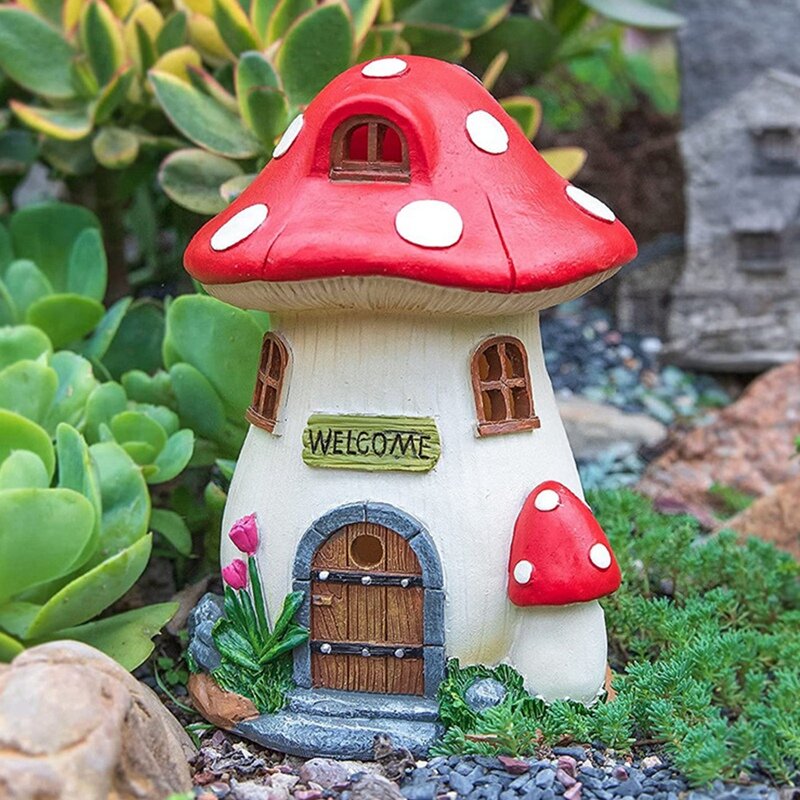 Ornamen miniatur taman, dekorasi rumah lanskap peri kerajinan Resin lampu jamur rumah