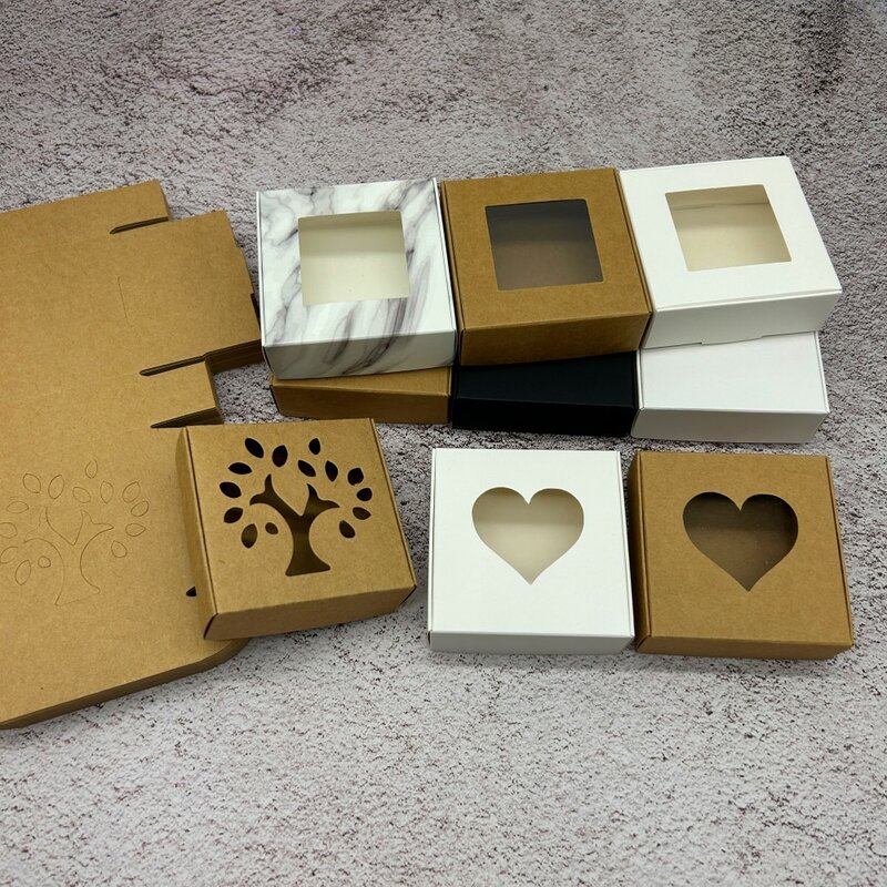 Kraft Paper Cardboard Jewelry Packaging Caixas, DIY Handmade Gifts Box, Clear PVC Window, Displays, Presentes, Caixa de embalagem, 30Pcs