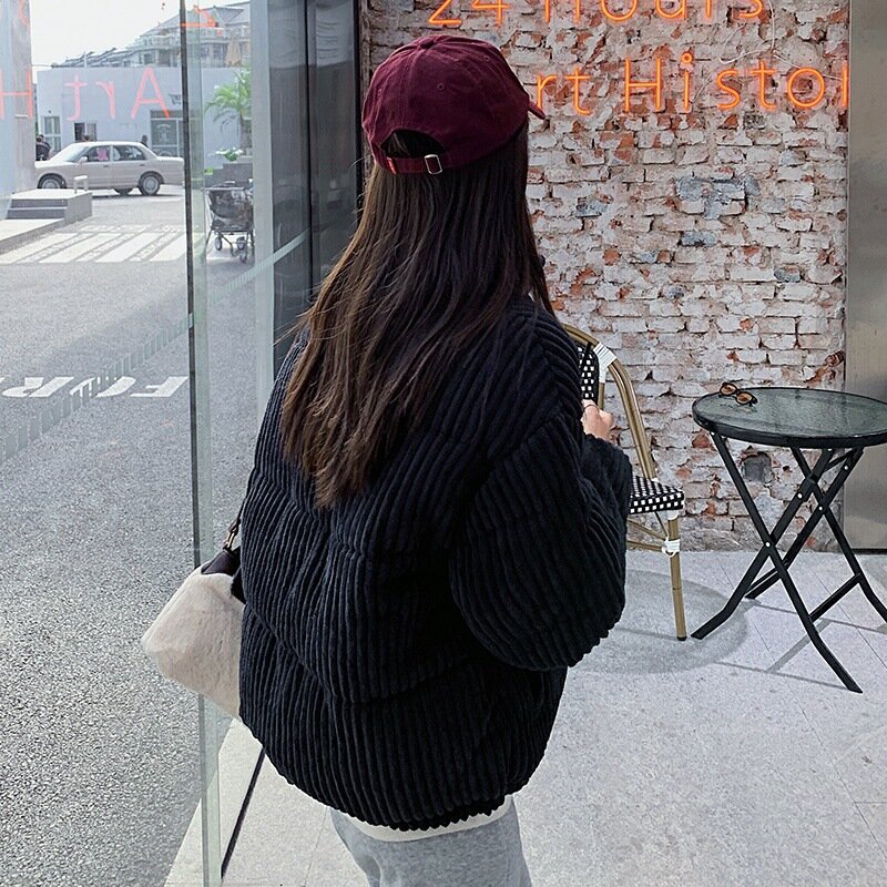 Zimowy nowy styl sztruksowy ocieplana kurtka z bawełny damski krótki stójka koreańska wersja studentki pogrubiona bawełna wyściełana