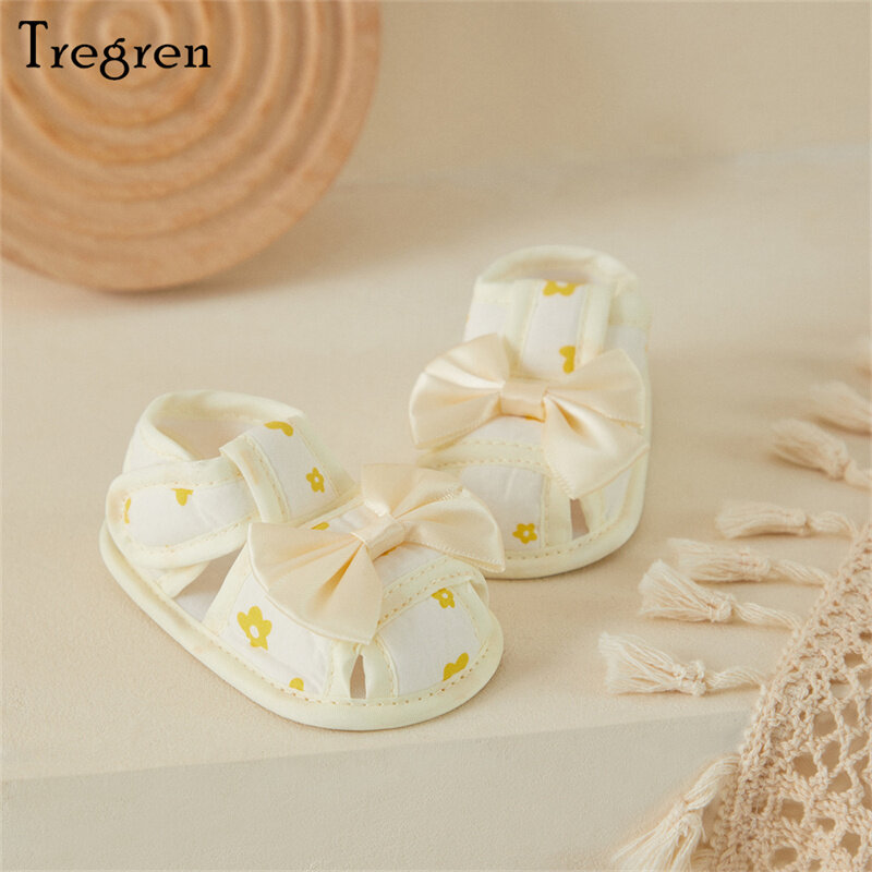 Tregren รองเท้าแตะเด็กผู้หญิงทารกแรกเกิด0-12เดือนรองเท้า Sablon Bunga หัดเดินติดโบว์ใหญ่รองเท้าลำลองใส่ในบ้านฤดูร้อน