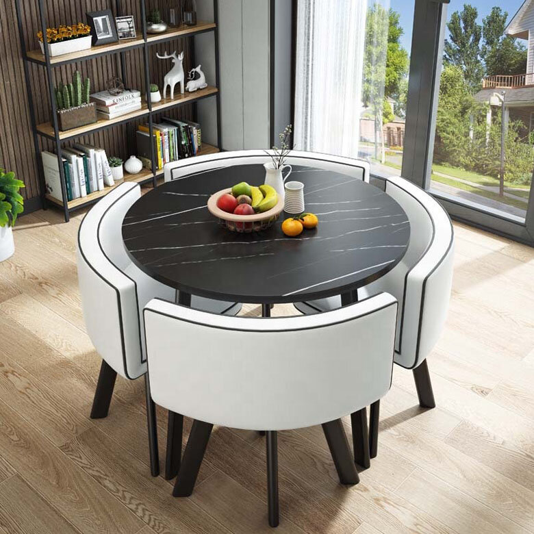 FavTosSpace-Ensemble de mini table à manger avec pieds en métal, table basse ronde Mdf, meubles de balcon et de maison, économie d'espace, 4 chaises