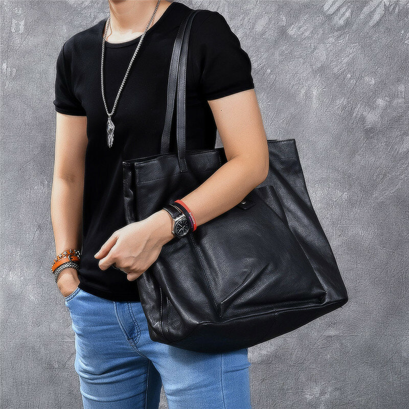 Genuine leather large capacity black tote bag luxury men's handbag designer casual real cowhide women's work travel shoulder bag