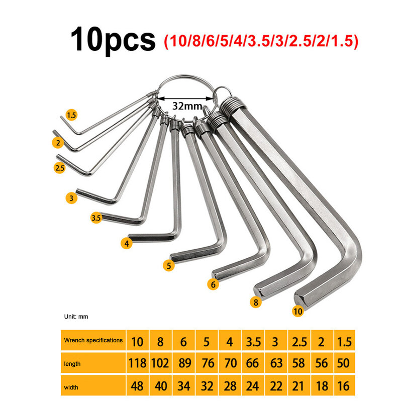 8pcs 10pcs 0.5-10mm Mini Hexagon Hex Allen Key Chain Set Wrench Screwdriver Kit Alloy Steel Tool