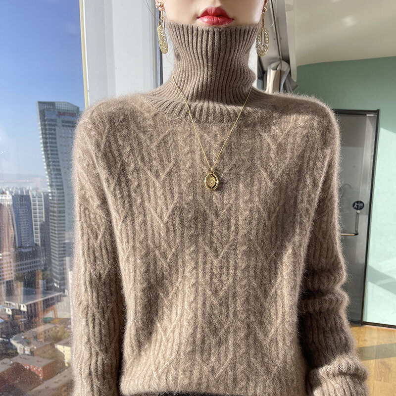 여성용 하이넥 긴팔 스웨터, 한국 캐시미어 뜨게 베이스 삼나무, 100% 순모, 가을 겨울 신상