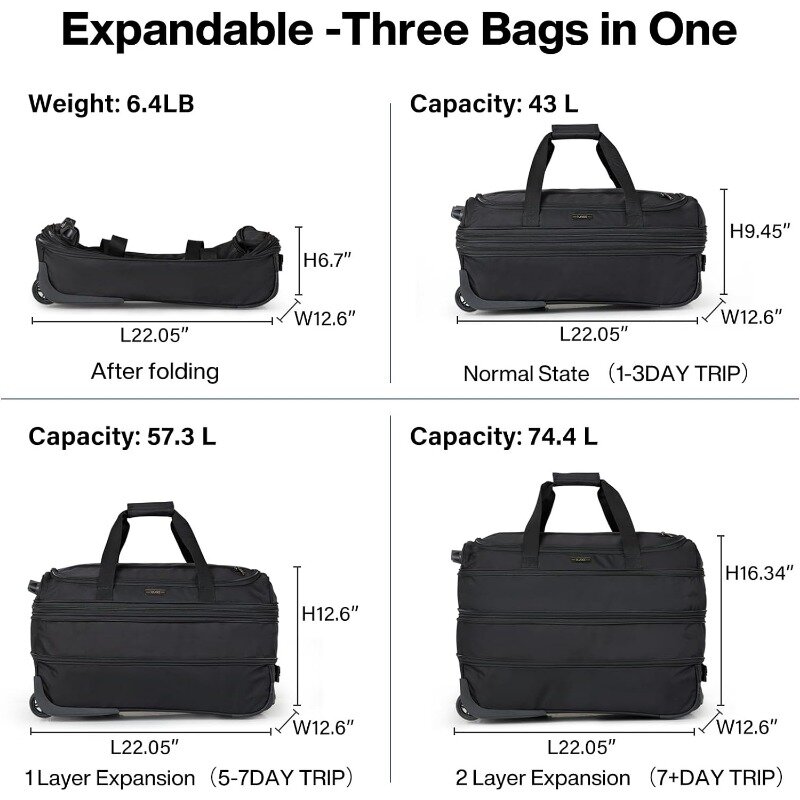 Luggage Suitcases with Wheels Foldable Duffle Bag for Travel Carry On suitcase Weekend Bag for Women Men Garment Bag.（Black）