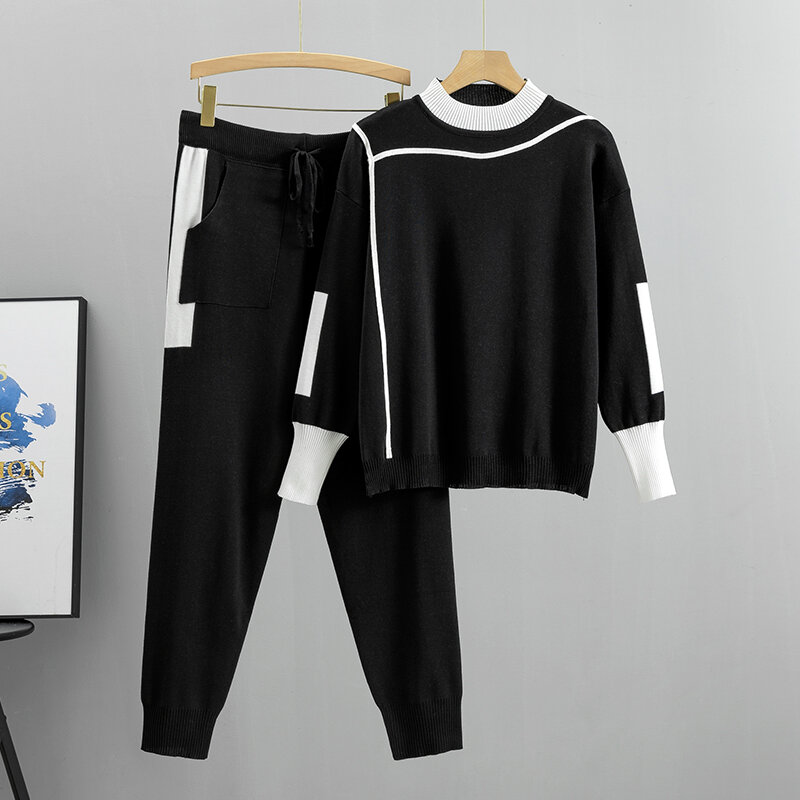 Женский трикотажный комплект из 2 предметов, Повседневный пуловер с длинным рукавом и брюки в стиле пэчворк, весна-осень 2023