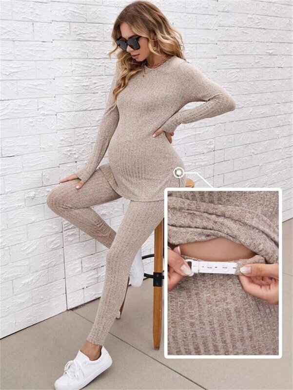 Women's Maternity Sets 2 Piece Outfits Long Sleeve Split Hem Top and Adjustable Elastic Waist Pants Maternity Clothes