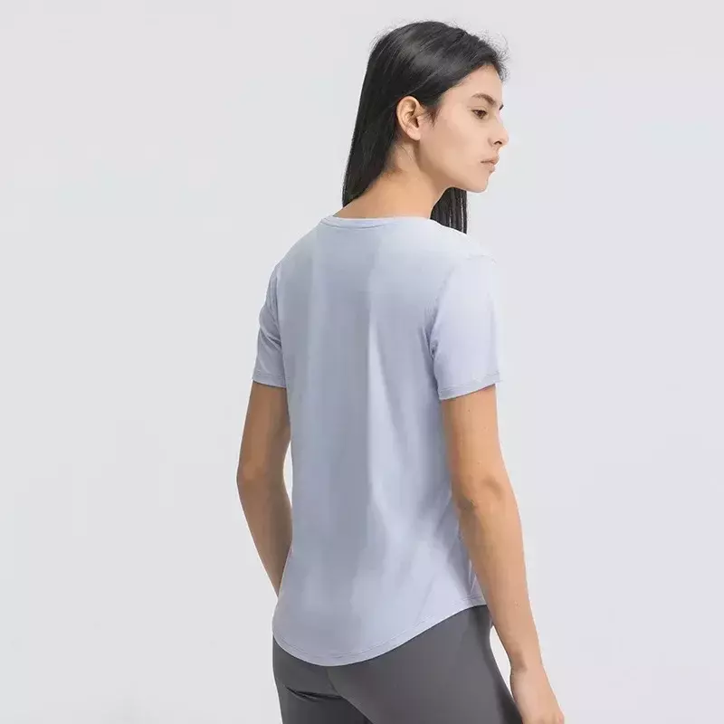 Zitrone Frauen lose Yoga Kurzarm atmungsaktiv Laufsport Top gebogenen Saum Freizeit hemd elastische Geschwindigkeit trockene Fitness kleidung