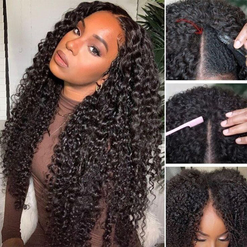 Remy Forte Water Wave V Part Wig Human Hair Brazilian Hair Wig Deep Curly Human Hair Wig 180% Density Natural Black U Part Wigs