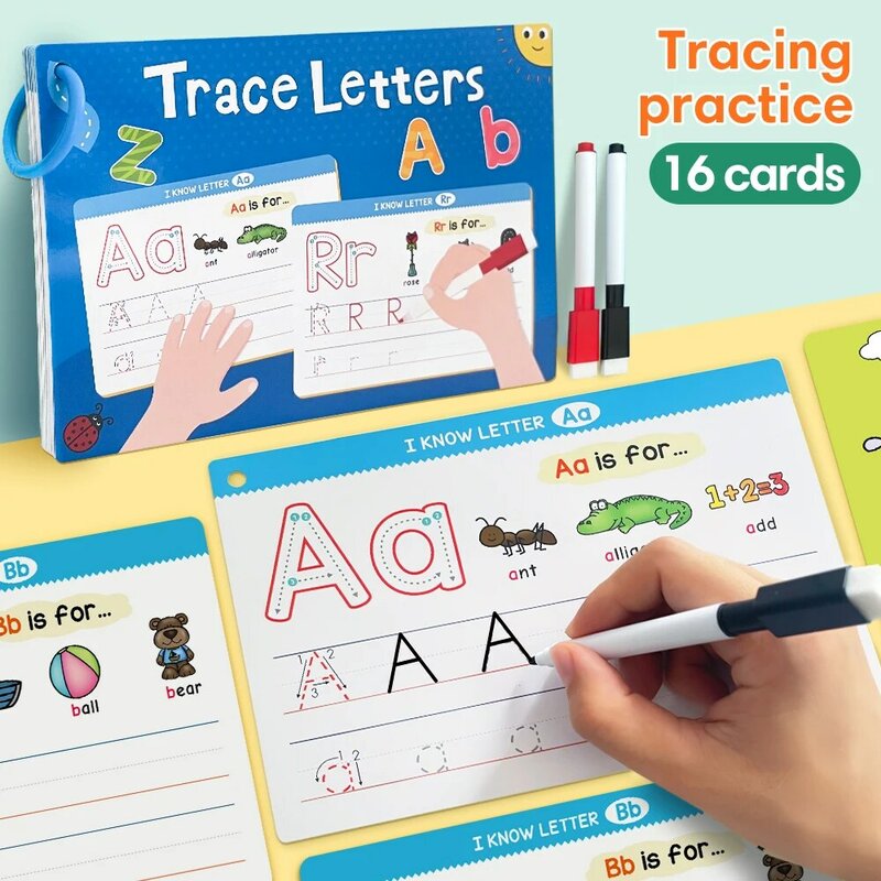 16ใบการติดตามภาษาอังกฤษการ์ดตัวอักษร ABC สำหรับเด็กการเขียนแบบฝึกหัดการติดตามหมายเลข1-100สำหรับของเล่นการเรียนรู้เด็ก