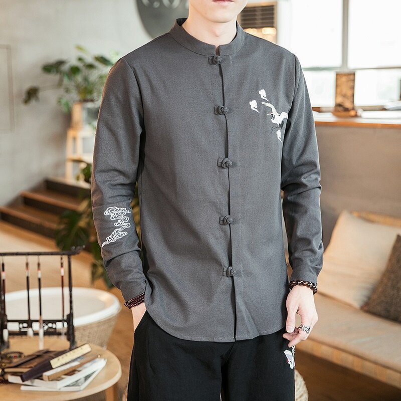 Terno Tang estilo chinês masculino, camisa retrô oriental, uniforme tradicional de Tai Chi, jaqueta com fivela, casaco plus size, cor sólida