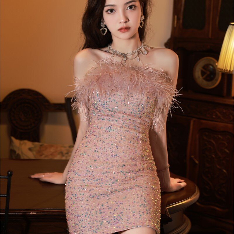 Różowa suknia wieczorowa dla kobiet nowe jasno luksusowe urodziny mniejszości krótkie cekiny