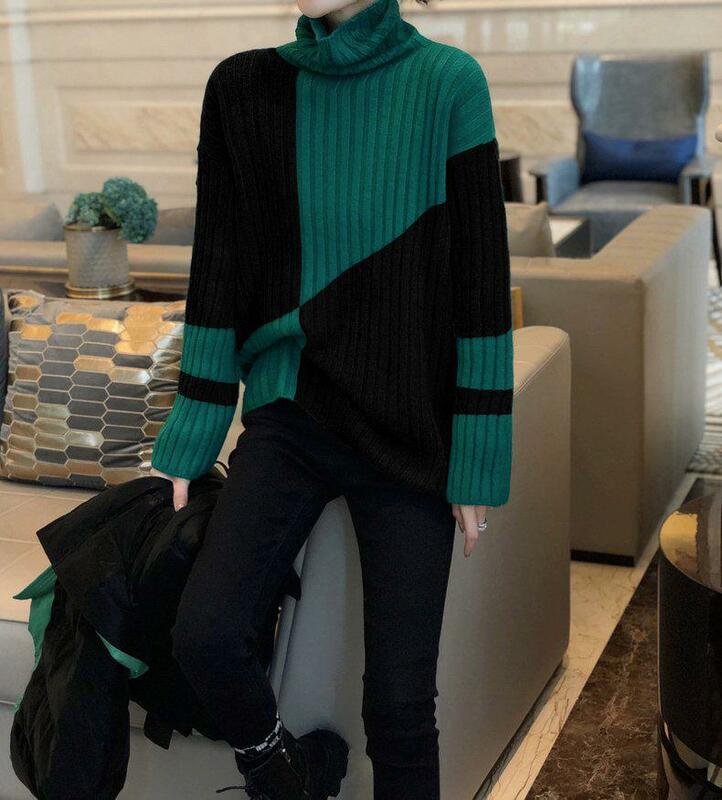 대비 컬러 터틀넥 스웨터, 여성 풀오버, 패션 기질, 부드러운 왁스 소재, 가을과 겨울 긴 소매 풀오버 스웨터