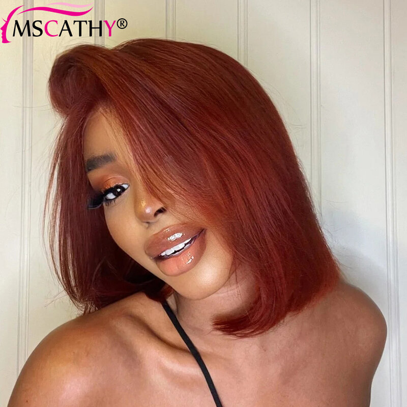 Rudo brązowy kolorowe peruka z krótkim bobem 13x4 HD przezroczyste koronkowe peruki z przodu 150% brazylijskie dziewicze włosy peruki dla kobiet Remy włosy