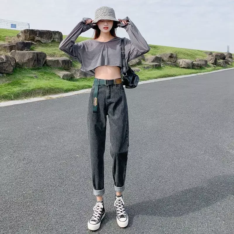Harlan jeans feminino cintura alta 2021 primavera e outono novos alunos versão coreana de selvagem solto e fino em linha reta papai calças