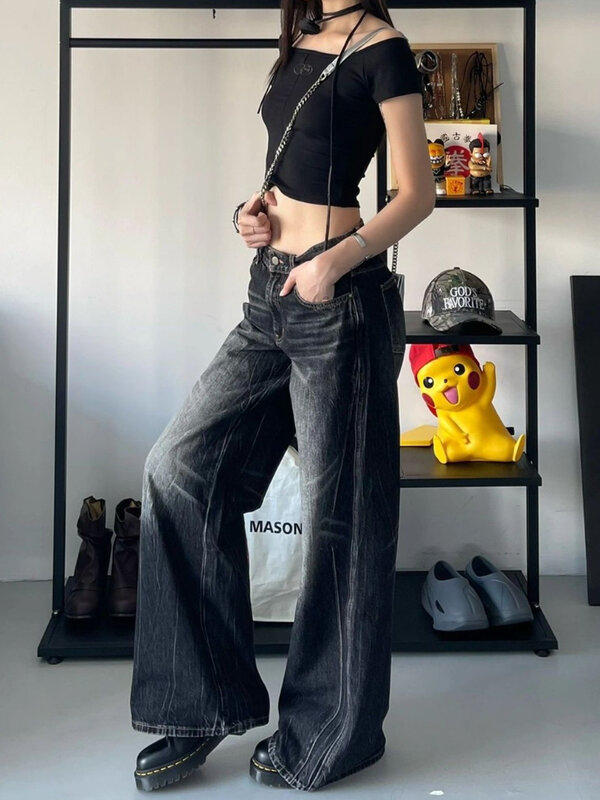 Qweek Frauen Y2K Baggy Vintage Jeans schwarz Streetwear weites Bein Hosen Harajuku Distressed gewaschen Looes Denim Hosen Hip Hop
