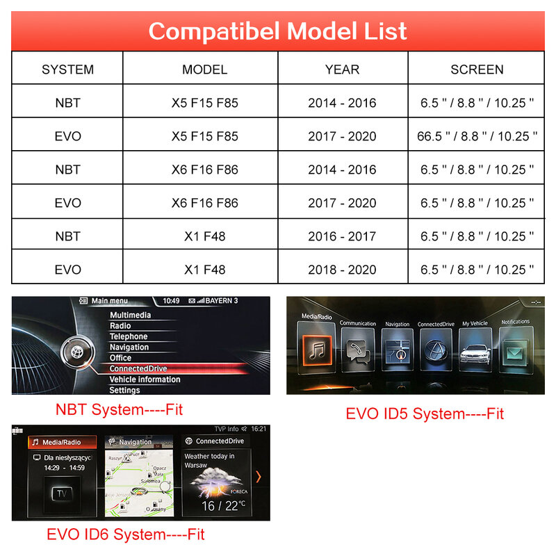 CarPlay ไร้สายสำหรับ BMW NBT,EVO X5 F15 F85 F16 F86 2014-2020 X1 F48 2016-2020พร้อมระบบแอนดรอยด์ออโต้มิเรอร์ลิงก์รถเล่นแอร์เพลย์