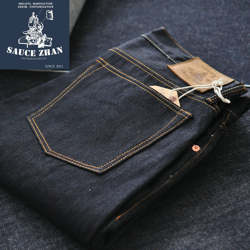 Saucezhan-Jeans Sanforized Selvedge Denim Masculina, Jeans Indigo e Preto, Zipper Fly, Slim Fit, 314XX