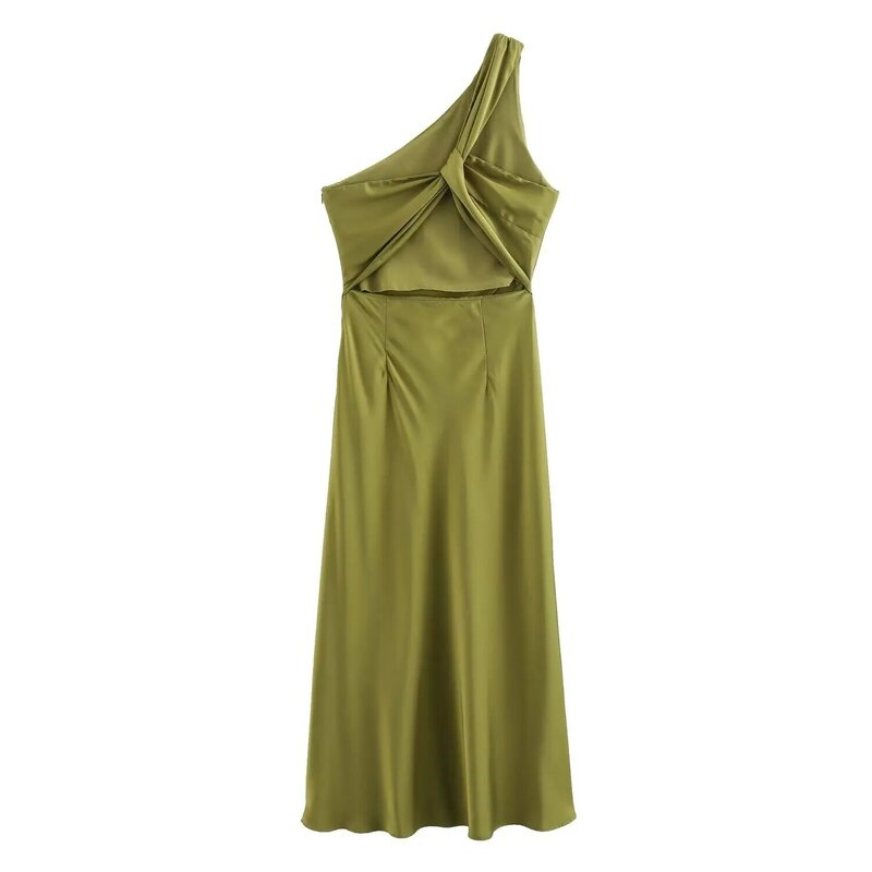 Vestido de satén con textura de cuello asimétrico para Mujer, vestido Retro ajustado con Espalda descubierta, moda elegante, nuevo, 2024