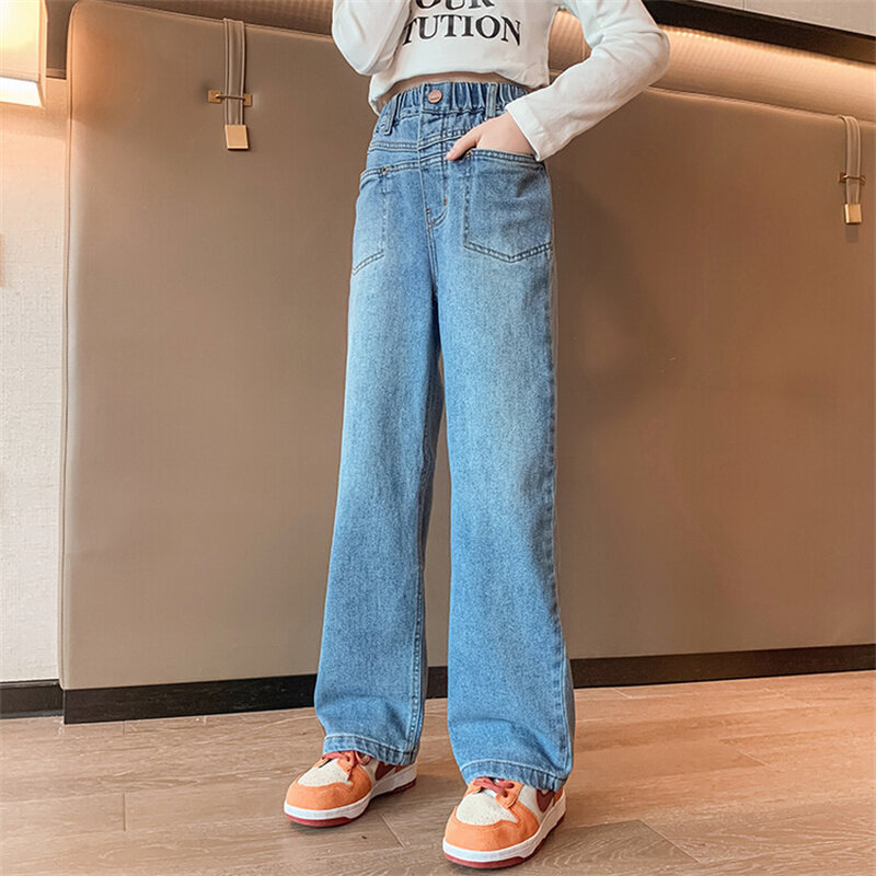 Girls' light jeans 2024 new children's wide-leg pants style spring and autumn pants 6-15 years old