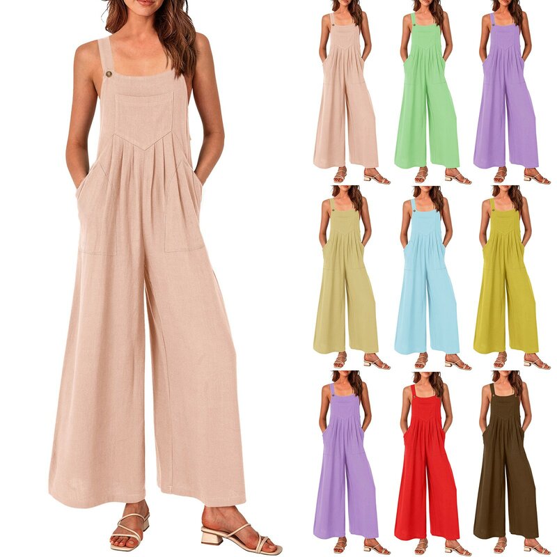 Summer Overalls For Women Jumpsuit Outfits Plus Size Solid Color Casual Button Wide Leg Suspender Pants Overalls with Pockets