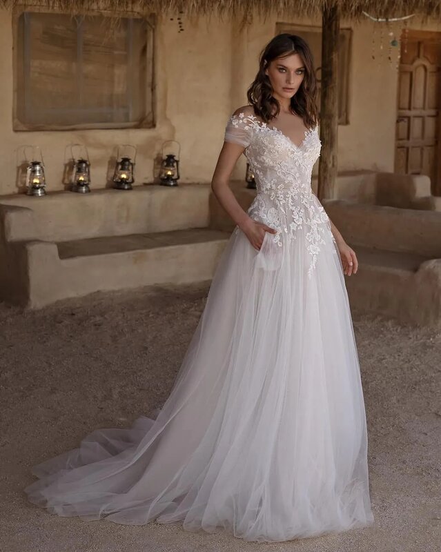 New Simple Sheer O-Neck Wedding Dress Short Sleeves Lace Appliques A-Line Tulle Floor-Length Vestidos de novia 2024 Bridal Gown