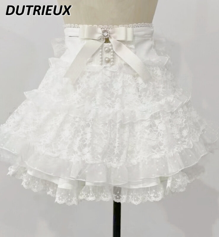 Милая Короткая юбка мин в японском стиле для девушек, пышная кружевная трапециевидная мини-юбка с завышенной талией, бантом и оборками для женщин