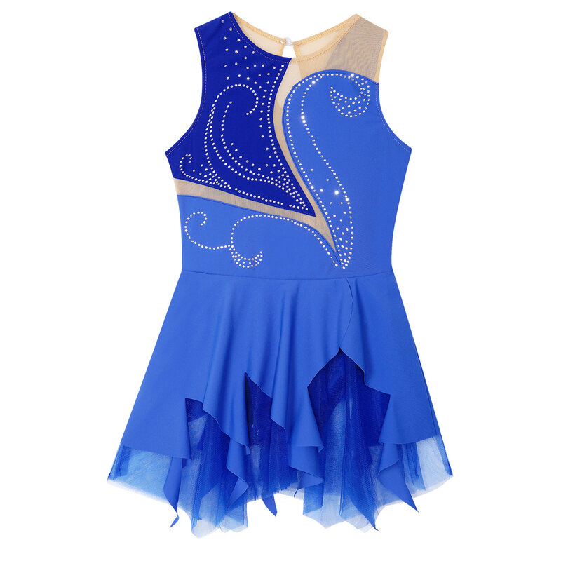 女の子のための派手なラインストーンダンススーツ,スケートボードの装飾,透明なニットドレス